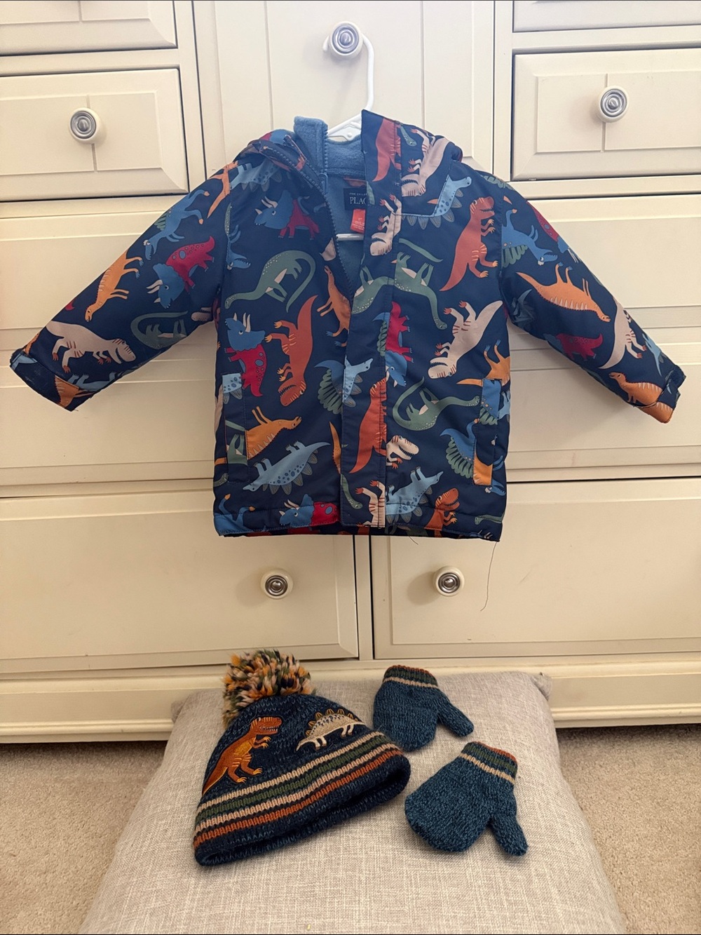 The Children's Place Navy Dinosaur Puffer Jacket with Multicolor Dino Print